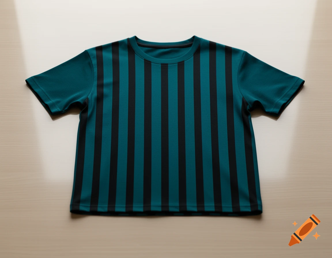 A teal t-shirt with vertical black stripes laid flat on a light wooden surface.