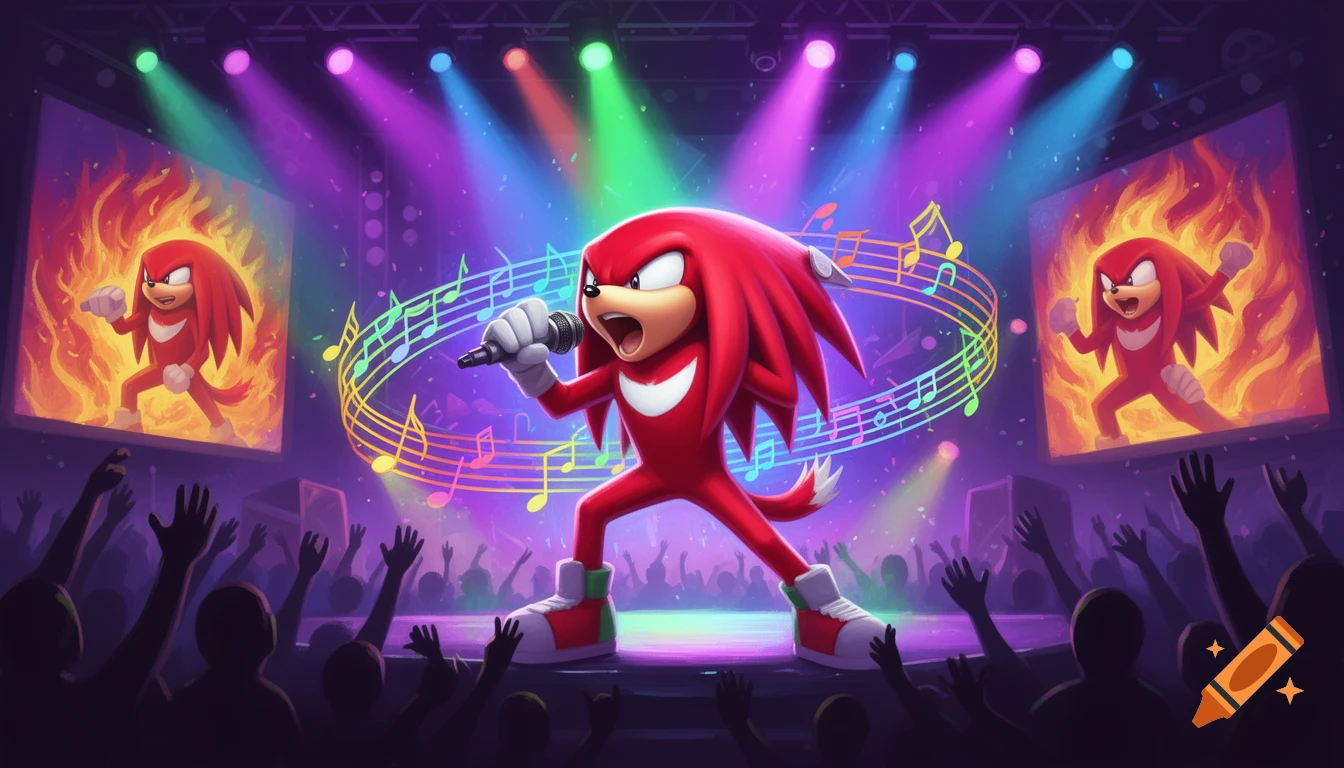 Knuckles the Echidna sings into a microphone on a concert stage with colorful spotlights and a cheering crowd.