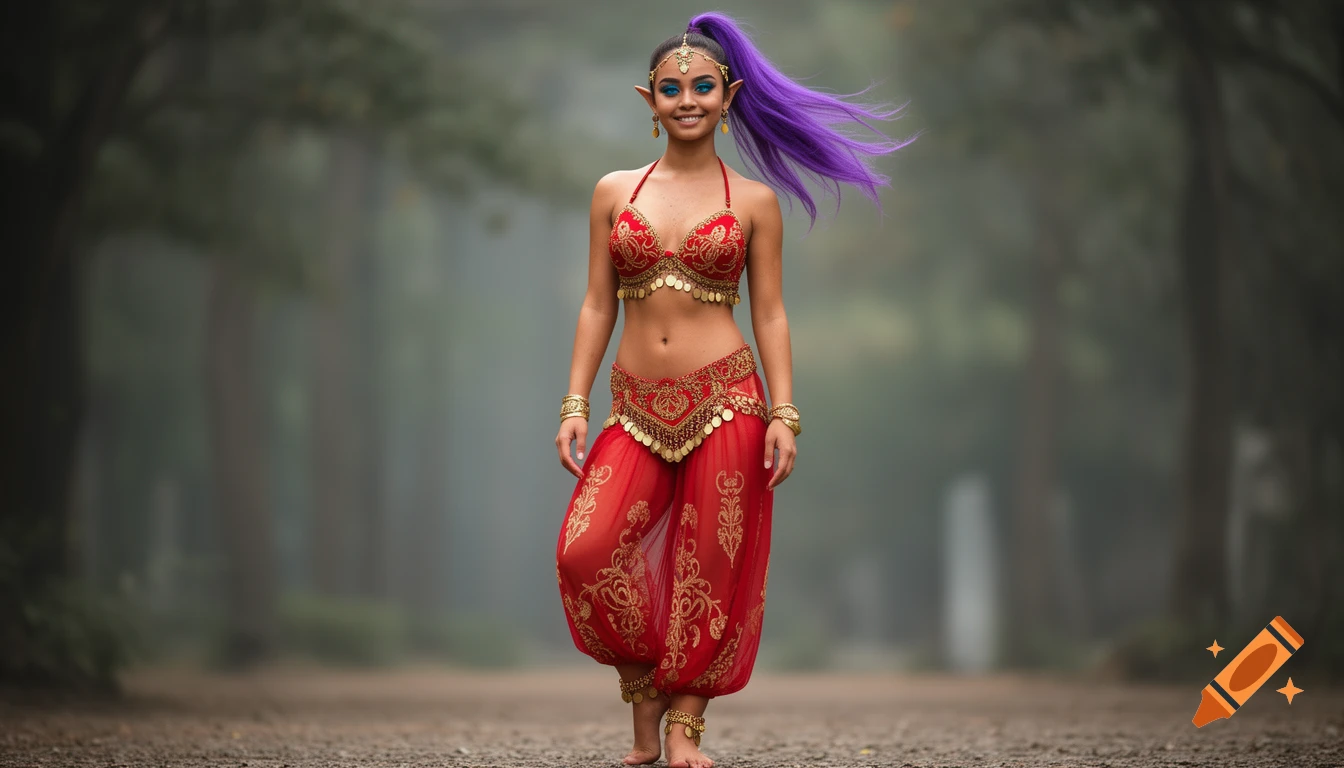 Photorealistic portrait of a smiling woman with purple hair and pointed ears, dressed in a red and gold genie costume, standing on a forest path.