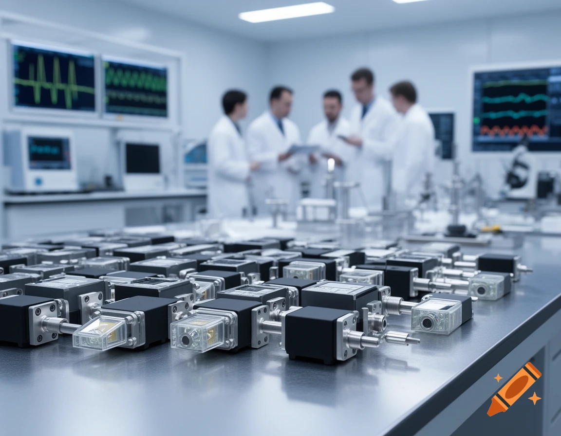 Photorealistic image of many scientific devices on a lab bench with blurred scientists working in the background.