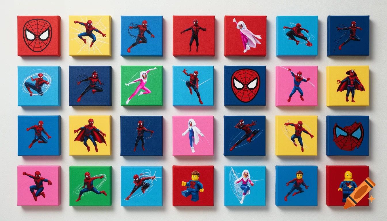 A grid of 25 small square canvases, each featuring a different Spider-Man character (Spider-Man, Miles Morales, Spider-Gwen, Lego) or a Spider-Man logo on a vibrant colored background.