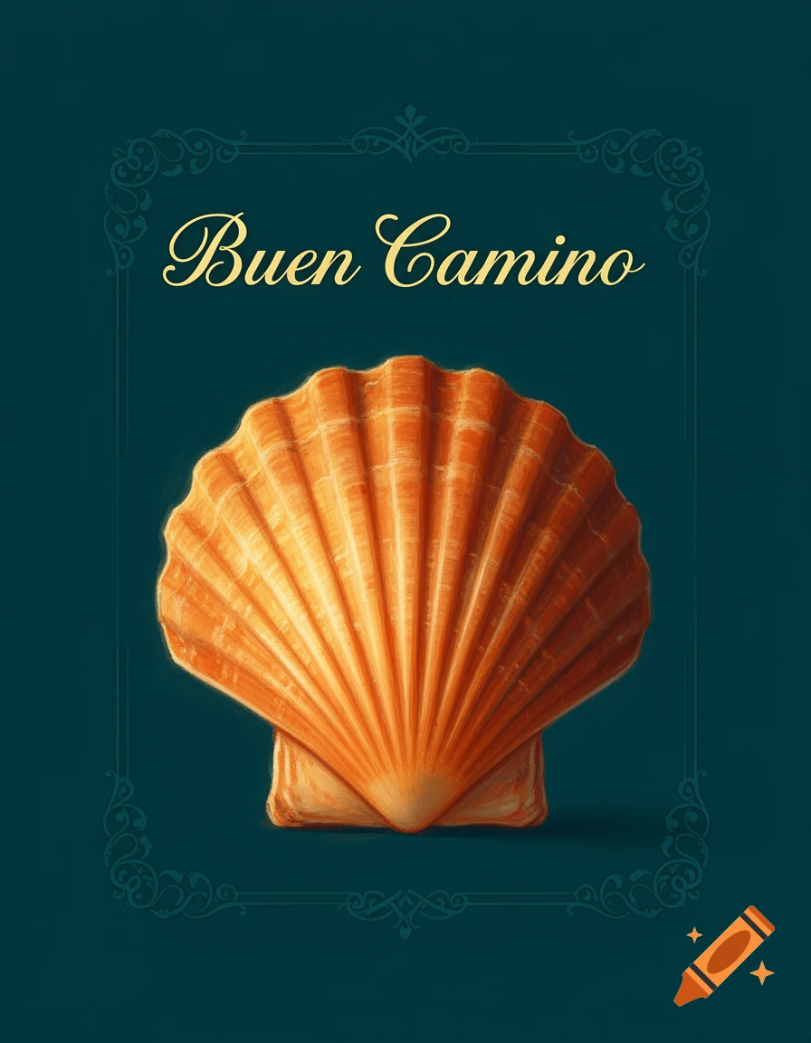 A stylized orange scallop shell on a dark teal background with decorative borders and the text "Buen Camino" in gold script.