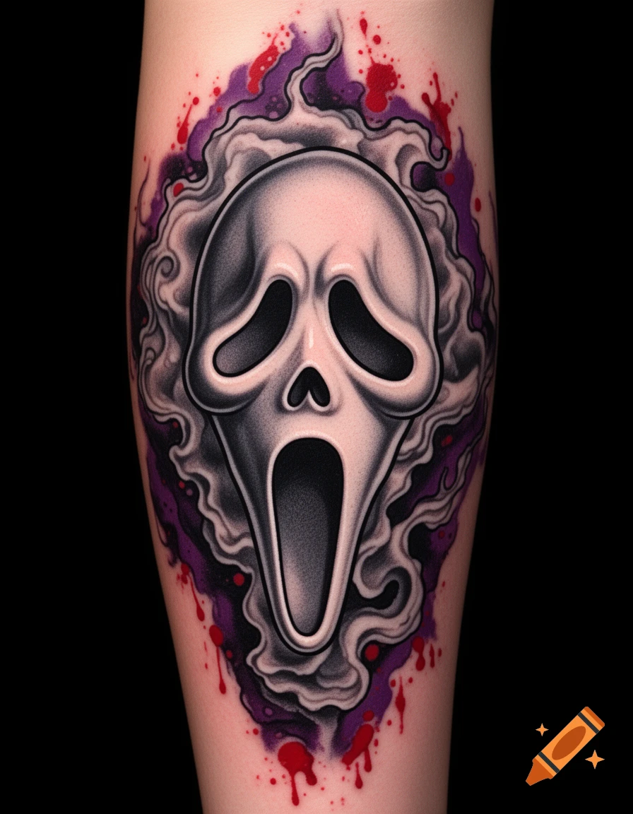 A stylized Ghostface mask tattoo on a forearm, surrounded by purple smoke and red blood splatters.