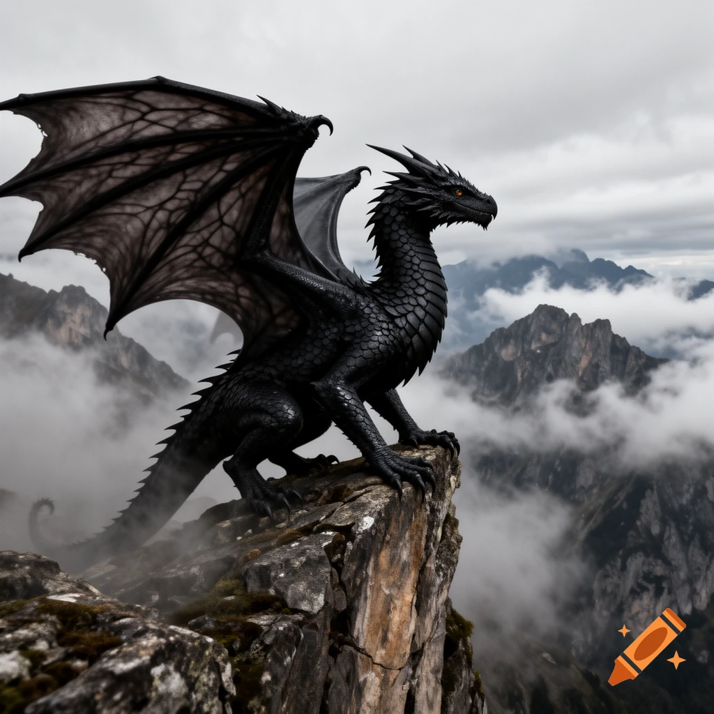 A powerful black dragon with large, leathery wings perches atop a rugged mountain peak, surrounded by misty clouds.