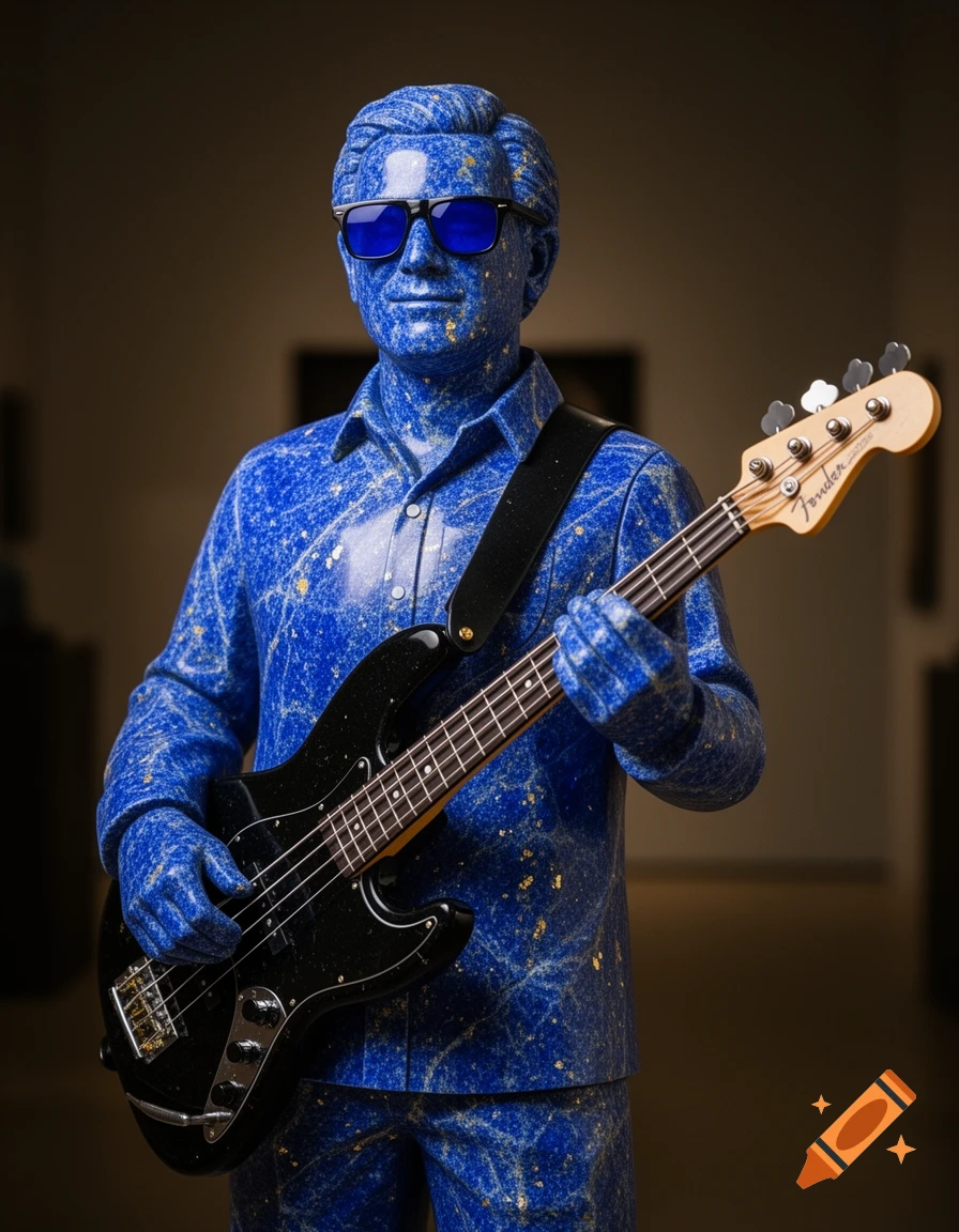 Photorealistic statue of a man made of blue lapis lazuli, wearing blue sunglasses and playing a black onyx Fender bass guitar.