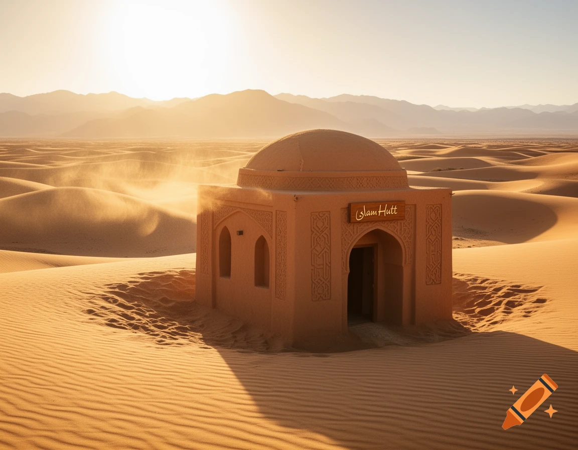 A small, domed building with a sign reading 'Islam Hutt' stands among golden sand dunes under a bright desert sky.