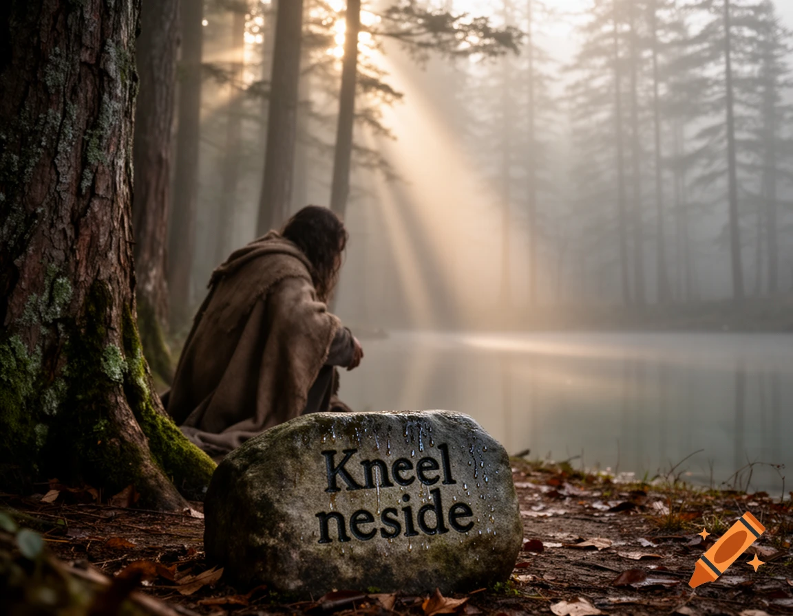 A cloaked figure kneels by a misty lake in a forest with sunbeams, a rock in the foreground reads 'Kneel neside'.