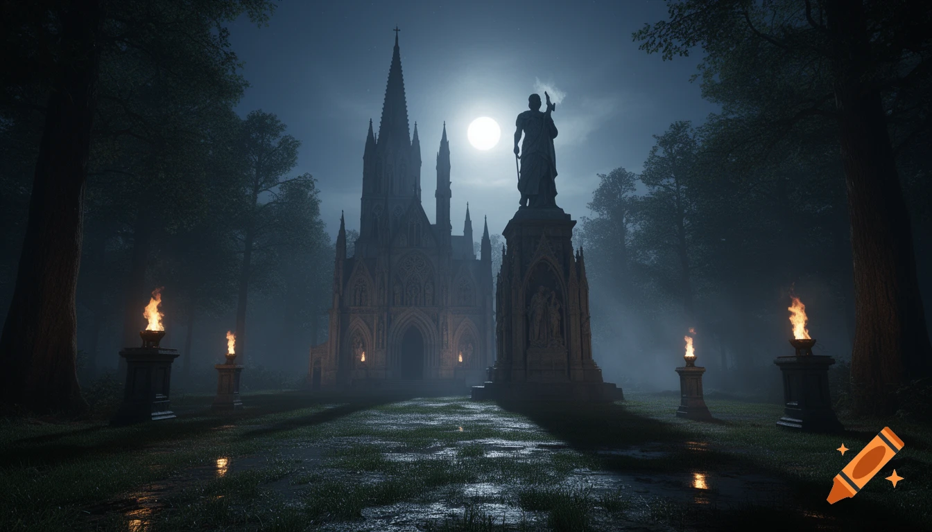 A gothic cathedral and warrior statue in a foggy, moonlit forest clearing with burning torches at night, photorealistic style.