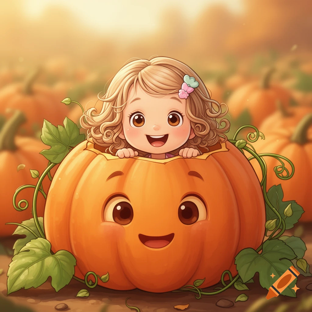A cute cartoon girl with curly blonde hair smiles from inside a friendly-faced pumpkin in a sunlit pumpkin patch.
