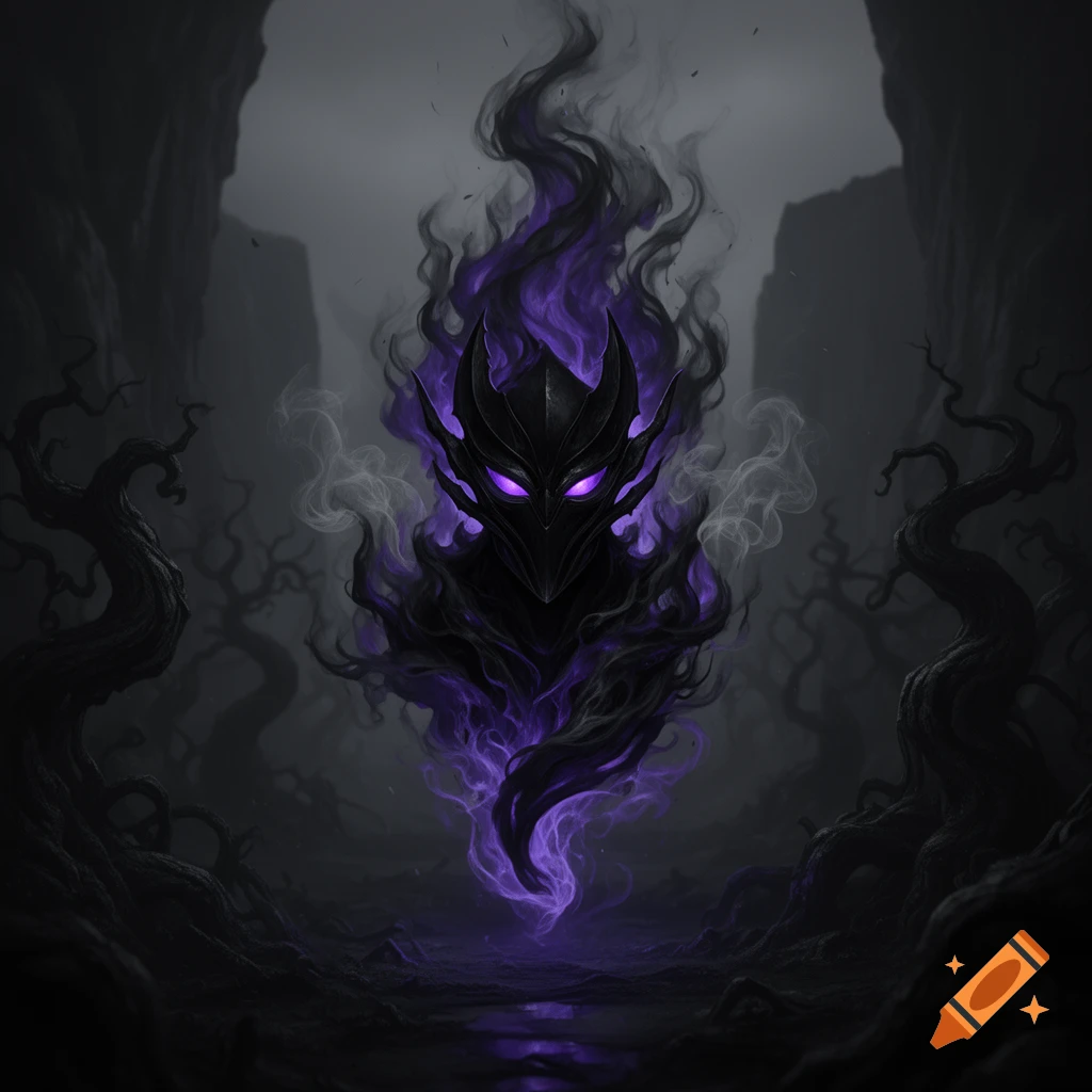 A black, horned avatar with glowing purple eyes, surrounded by purple and black smoke, in a dark fantasy forest.