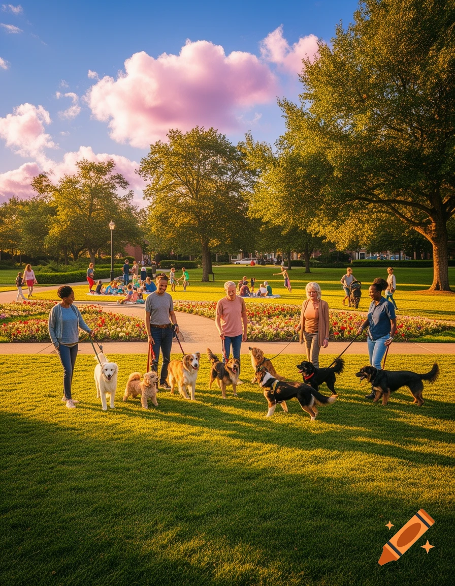 Four people walk multiple dogs on leashes in a sunny park with trees and flowerbeds. Other people relax in the background.