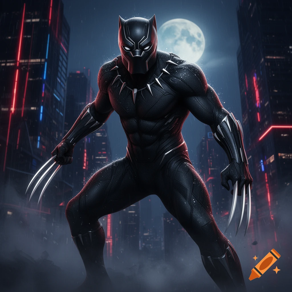 Black Panther with Wolverine claws stands in a dark city at night, illuminated by a full moon and neon lights.