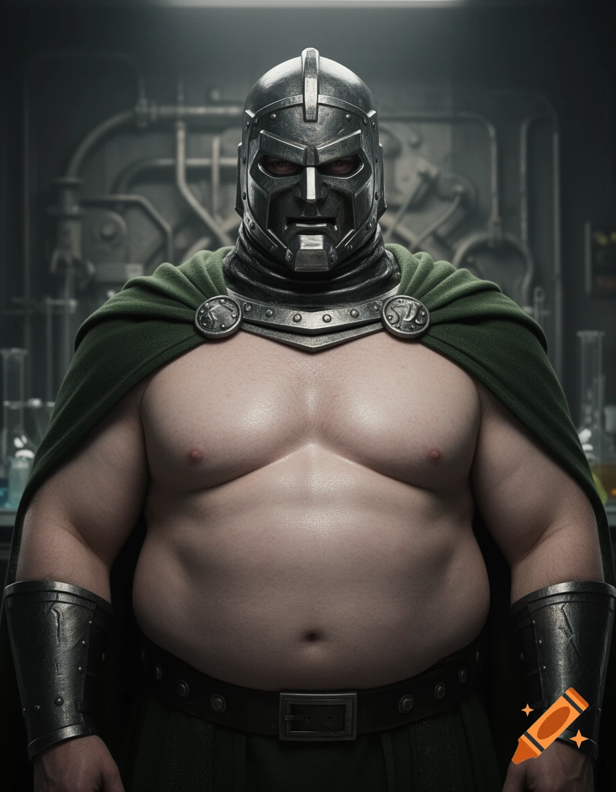 Photorealistic image of a shirtless, obese Dr. Doom wearing his iconic metal mask and green cape, standing in a lab.