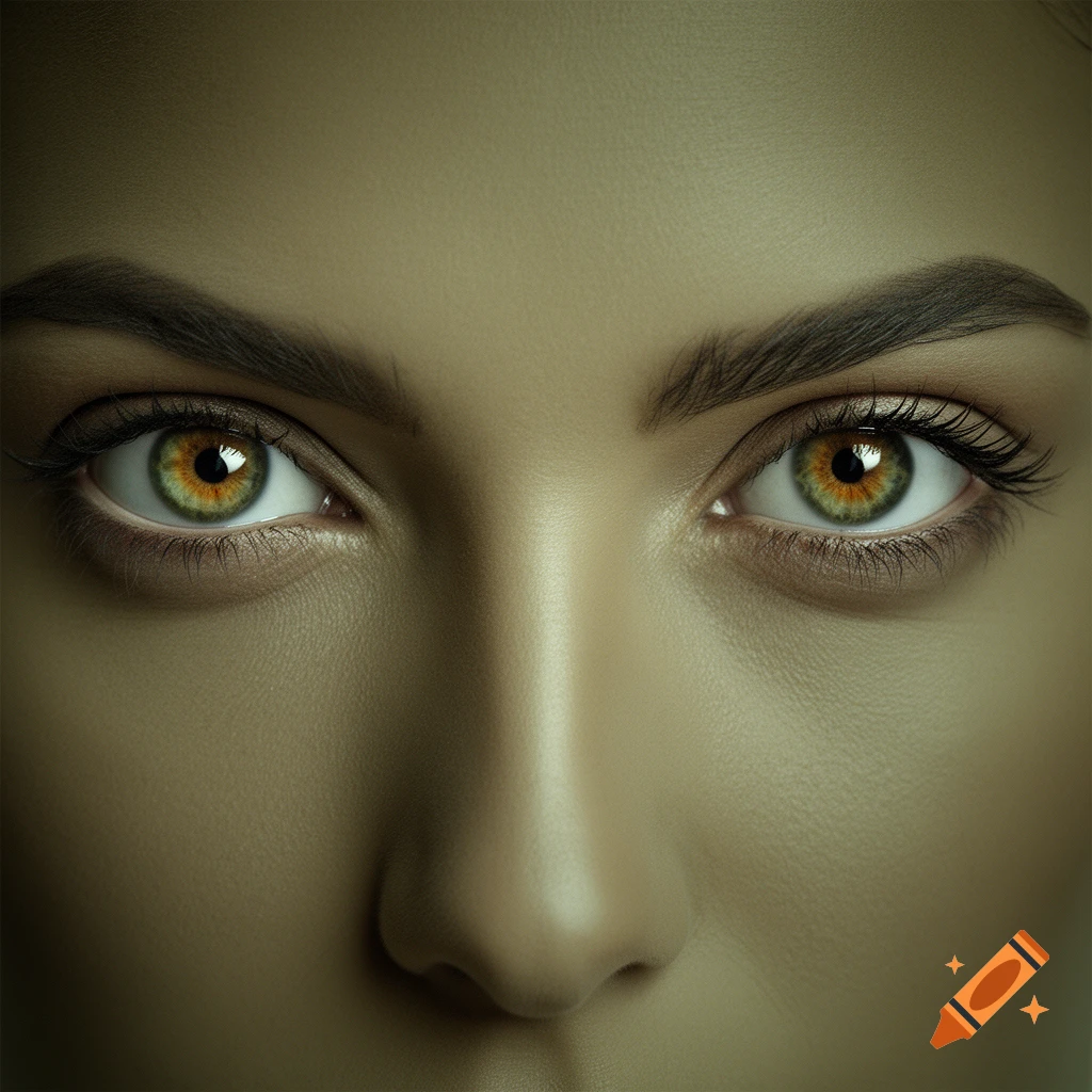 Close-up photorealistic portrait of a person's eyes and nose, with striking green and brown irises.