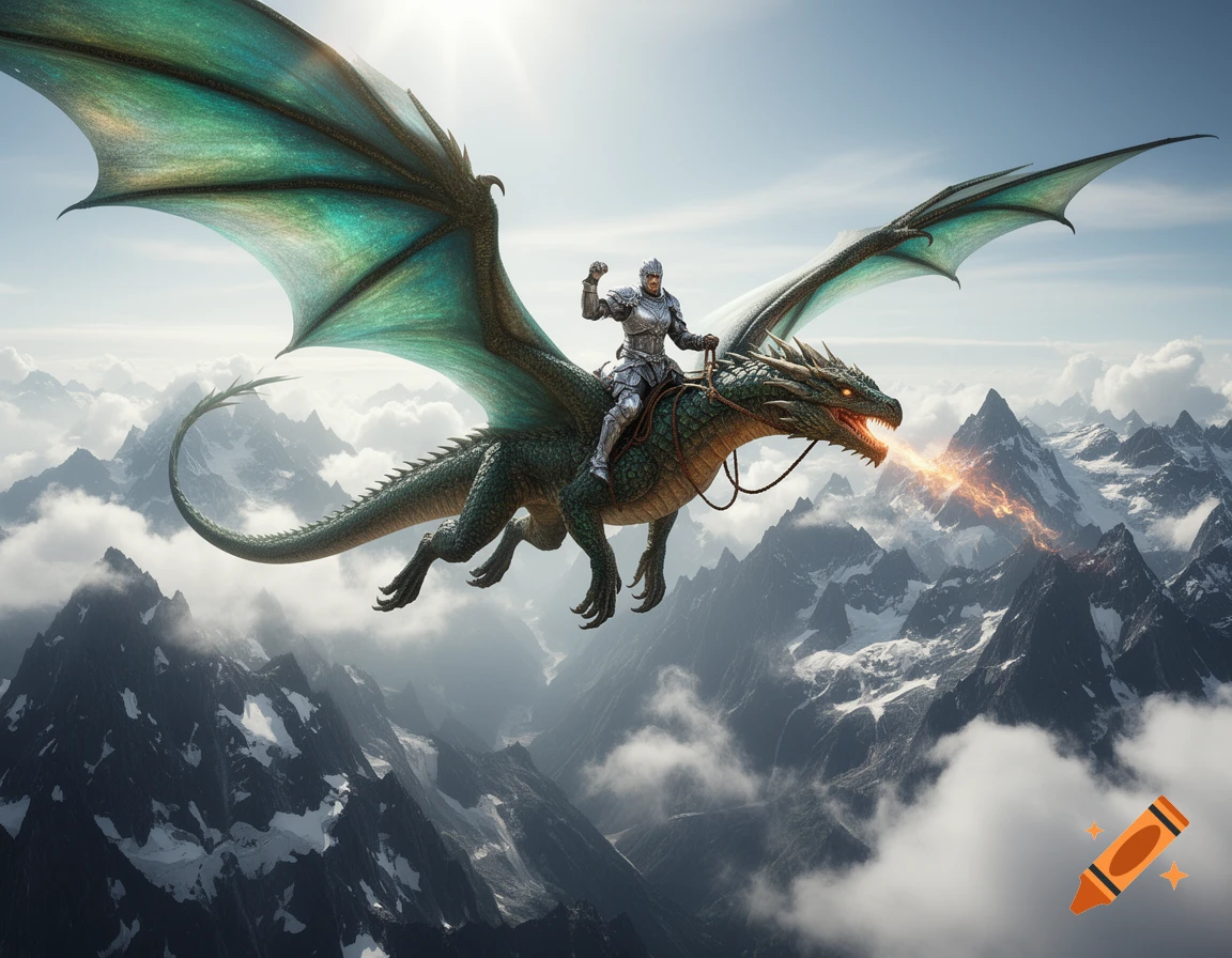 A knight in full armor rides a majestic green dragon with turquoise wings, soaring high above snow-capped mountains and clouds while the dragon breathes fire.