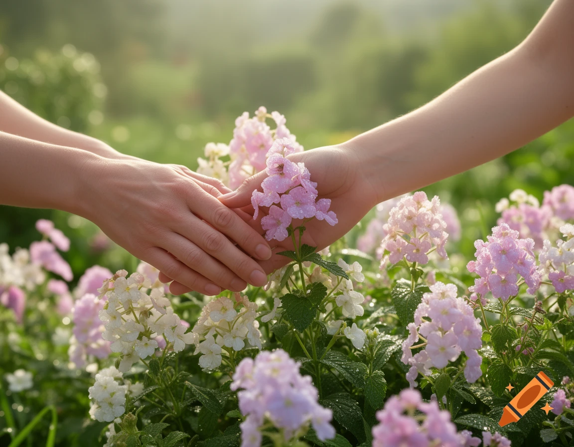 Close-up of two hands gently touching dew-kissed pink and white flowers in a sunlit garden.