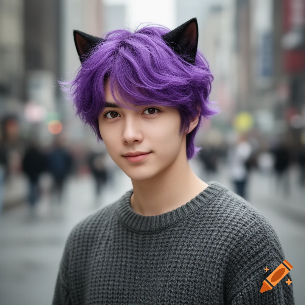 A young person with vibrant purple hair and black cat ears smiles faintly, wearing a gray knitted sweater, against a blurred city street background.
