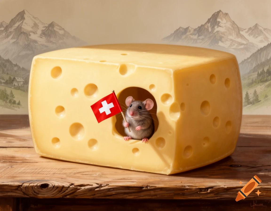 A small, adorable mouse peeks out of a hole in a large block of Swiss cheese, holding a tiny Swiss flag. Mountains are in the background.