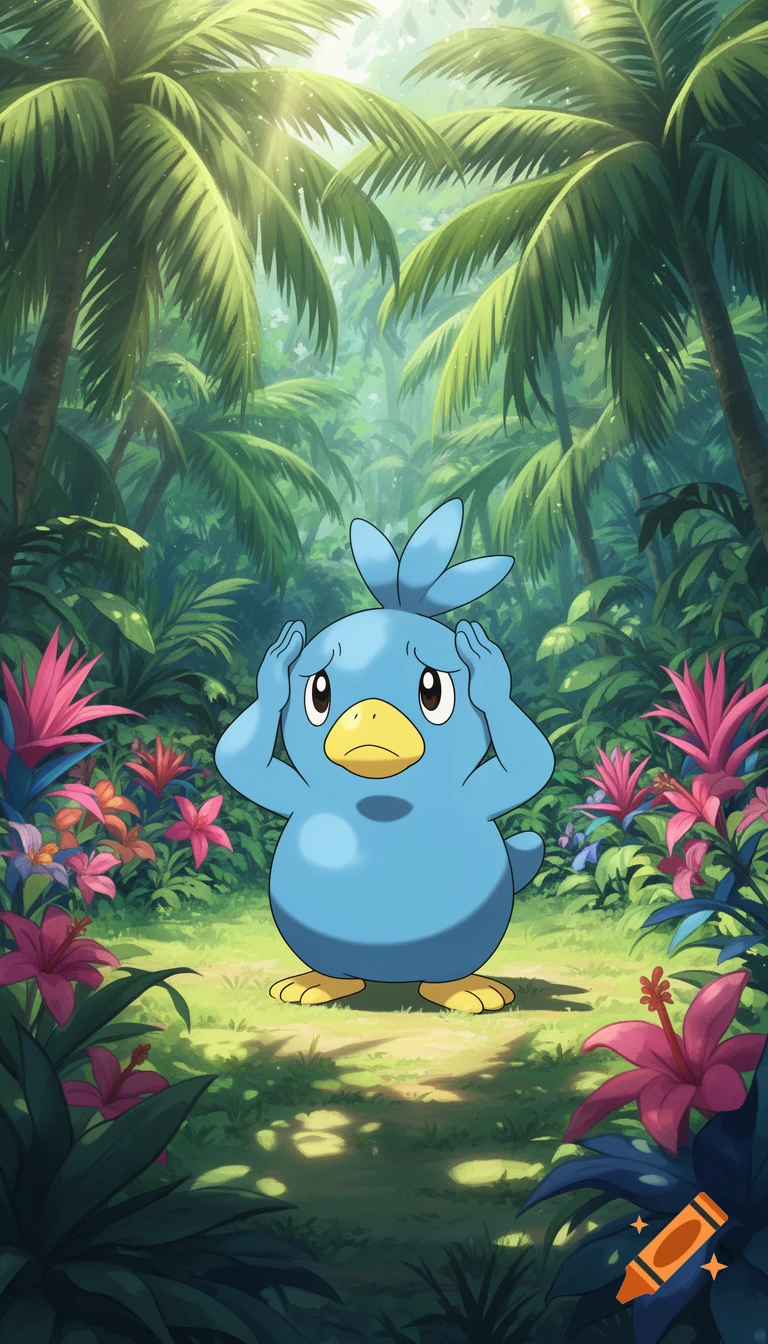 A blue cartoon Psyduck Pokémon with its hands to its head, looking confused, stands in a vibrant tropical jungle with palm trees and pink flowers.