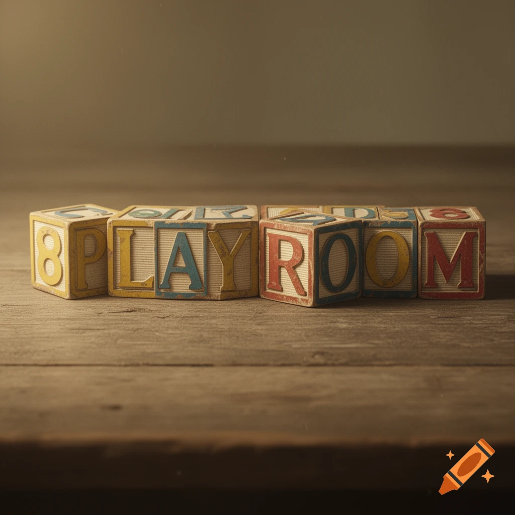 Close-up of antique wooden alphabet blocks spelling '8 PLAYROOM' on a rustic wooden surface with warm lighting.
