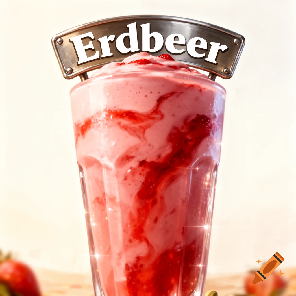 A close-up of a pink strawberry milkshake with strawberry syrup swirls and a metallic sign reading 'Erdbeer' above it.