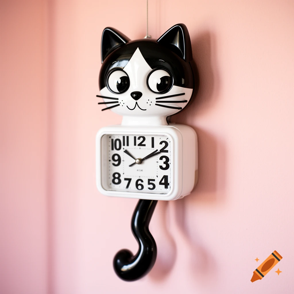 Black and white cat-shaped wall clock with a rectangular clock face and a curled tail, hanging on a pink wall.