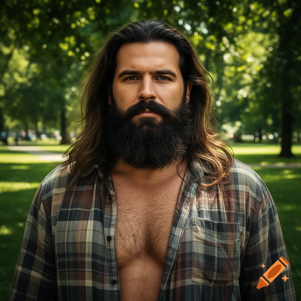 Photorealistic portrait of a man with long dark hair and a full beard, wearing an unbuttoned plaid shirt, standing outdoors in a park.