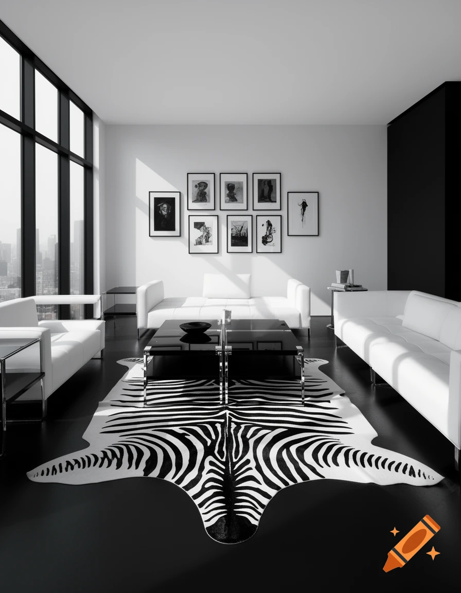 A modern black and white apartment with white sofas, black tables, and a large zebra print rug on a black floor, featuring a city view.