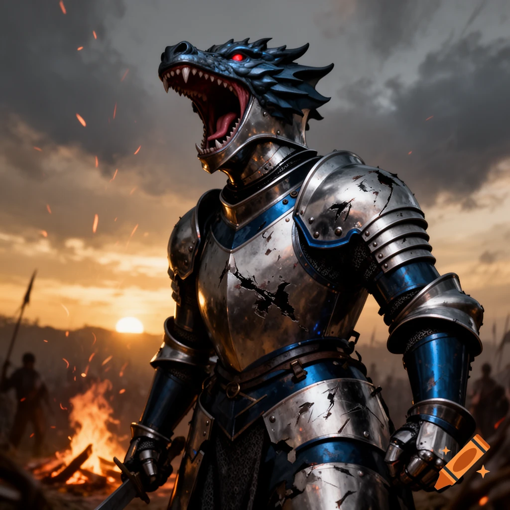 A fierce knight with a blue dragon head helmet and ornate metallic armor stands roaring on a battlefield at sunset, with distant fires and figures.