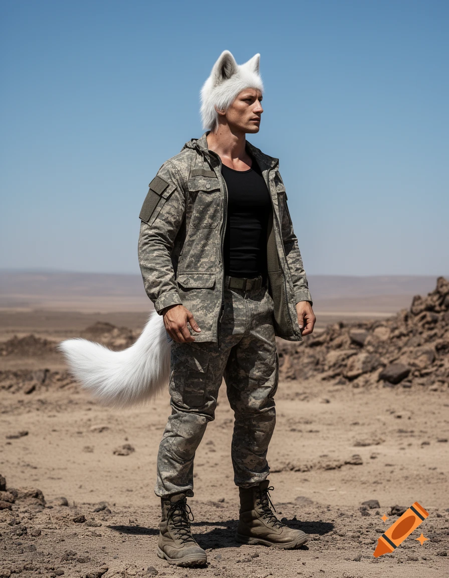 A man with white wolf ears and tail in military fatigues stands in a barren desert under a clear sky.