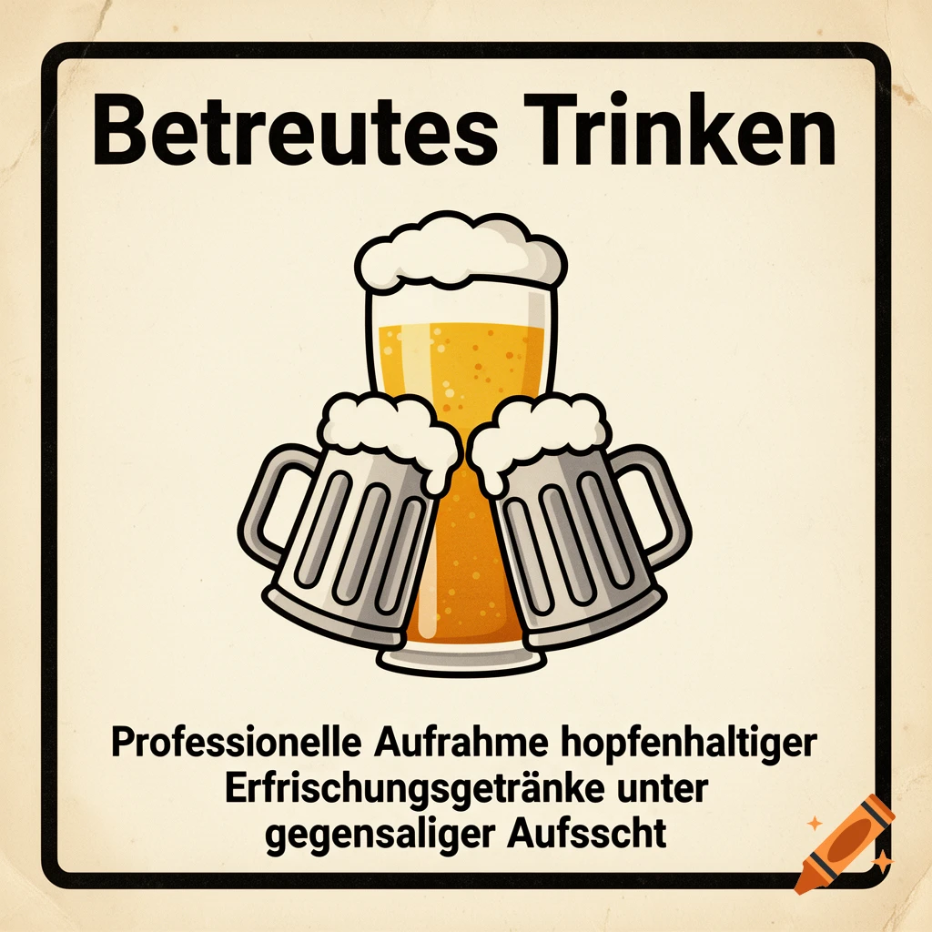 Humorous German sign illustration with a large beer glass and two beer mugs, featuring the text 'Betreutes Trinken'.