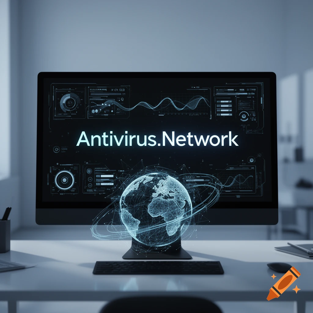 A modern desktop computer screen displaying "Antivirus.Network" with glowing data graphs and a wireframe globe, in an office setting.