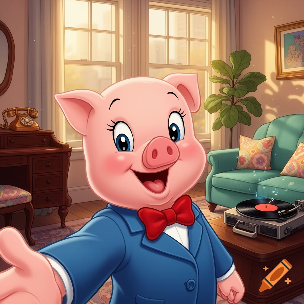 A happy cartoon pig in a blue suit and red bowtie takes a selfie in a sunny apartment with a record player and sofa.