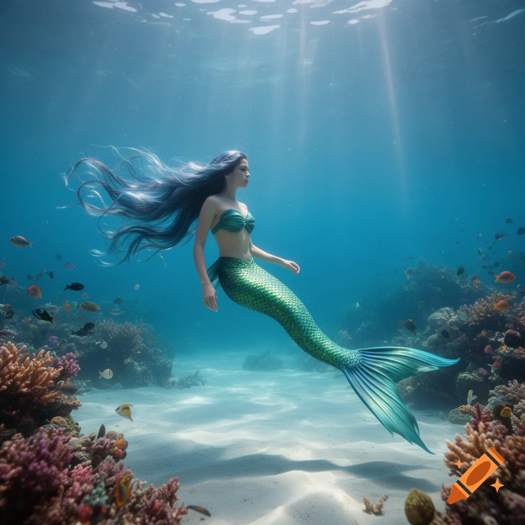 A photorealistic mermaid with long blue hair and a green tail swims gracefully underwater amidst colorful coral reefs and tropical fish.