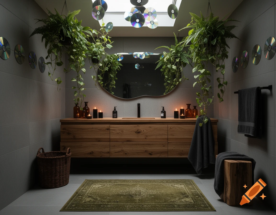 A stylish grunge chic bathroom with a wooden vanity, organic mirror, hanging plants, reflective CDs, lit candles, and dark grey towels.