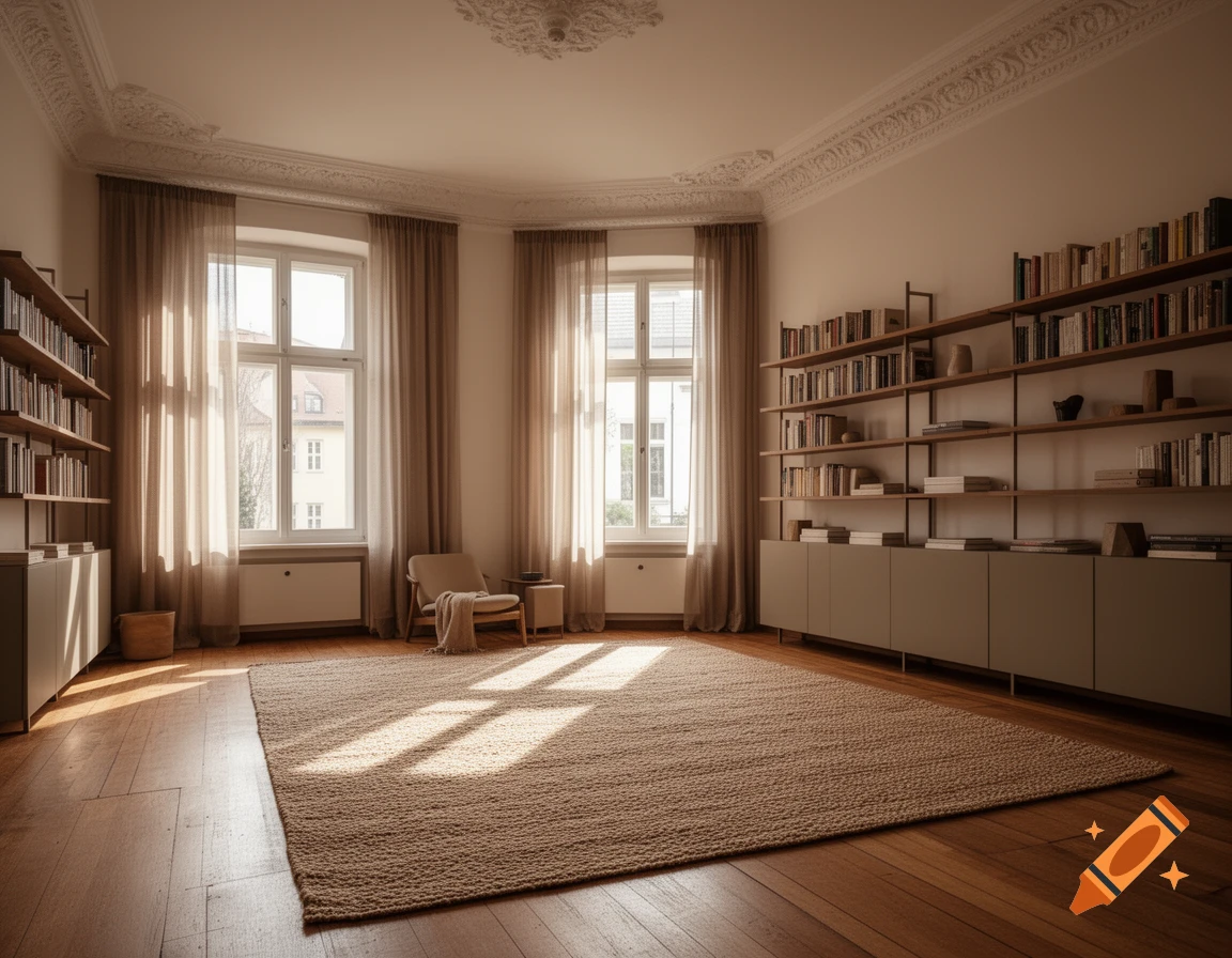 A cozy, sunlit room with extensive bookshelves, a large textured rug, and windows with sheer curtains, in a photorealistic style.