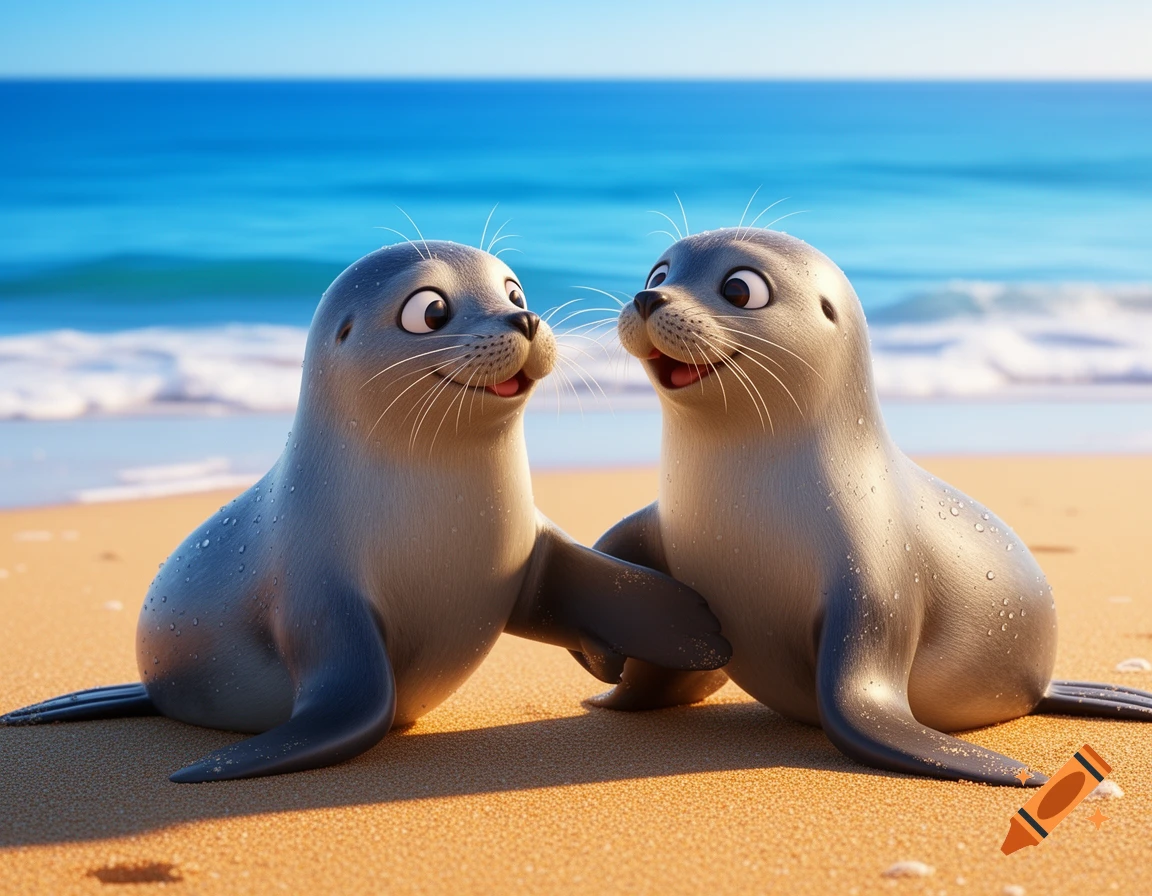 Two cute cartoon seals sit on a sandy beach, looking at each other with a blue ocean and sky in the background.