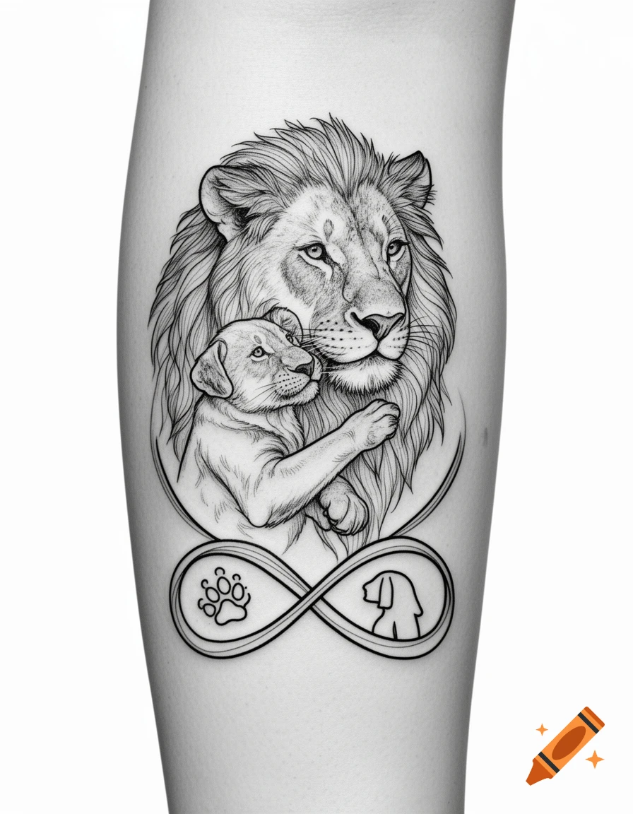 Fine line black and white tattoo of a lion and a puppy embracing above an infinity symbol with a paw print and dog silhouette.