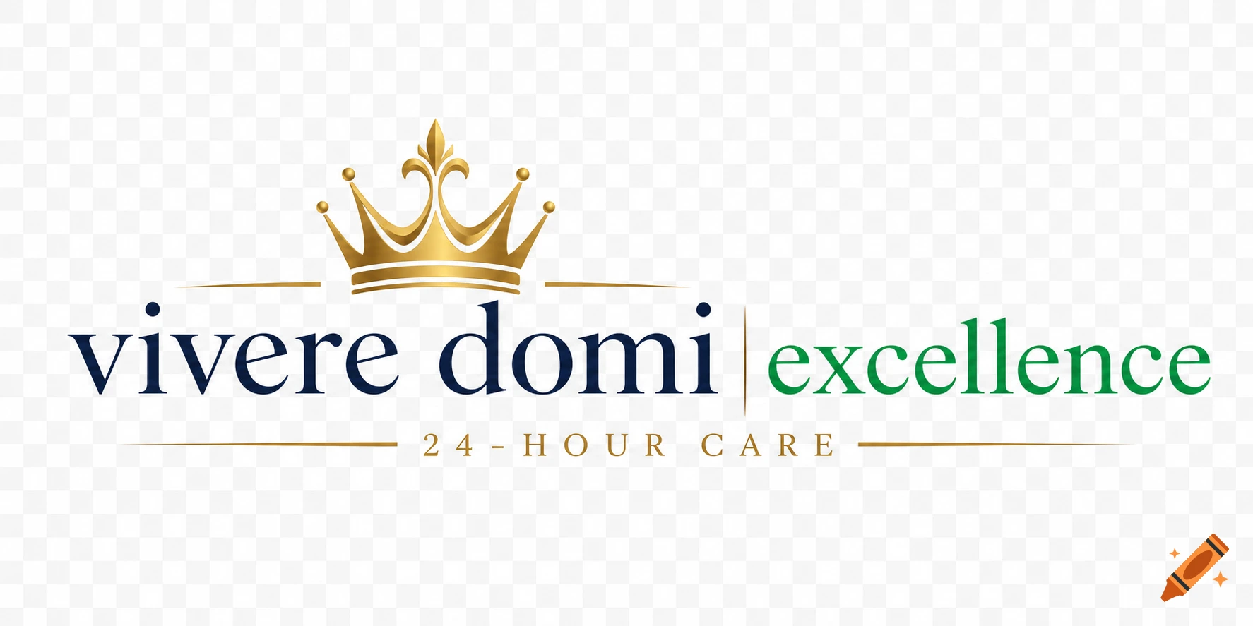 A corporate logo with a golden crown above the dark blue text 'vivere domi'. To the right, 'excellence' is in green, separated by a vertical gold line. Below, '24 - HOUR CARE' is in gold with horizontal lines. The background is transparent.