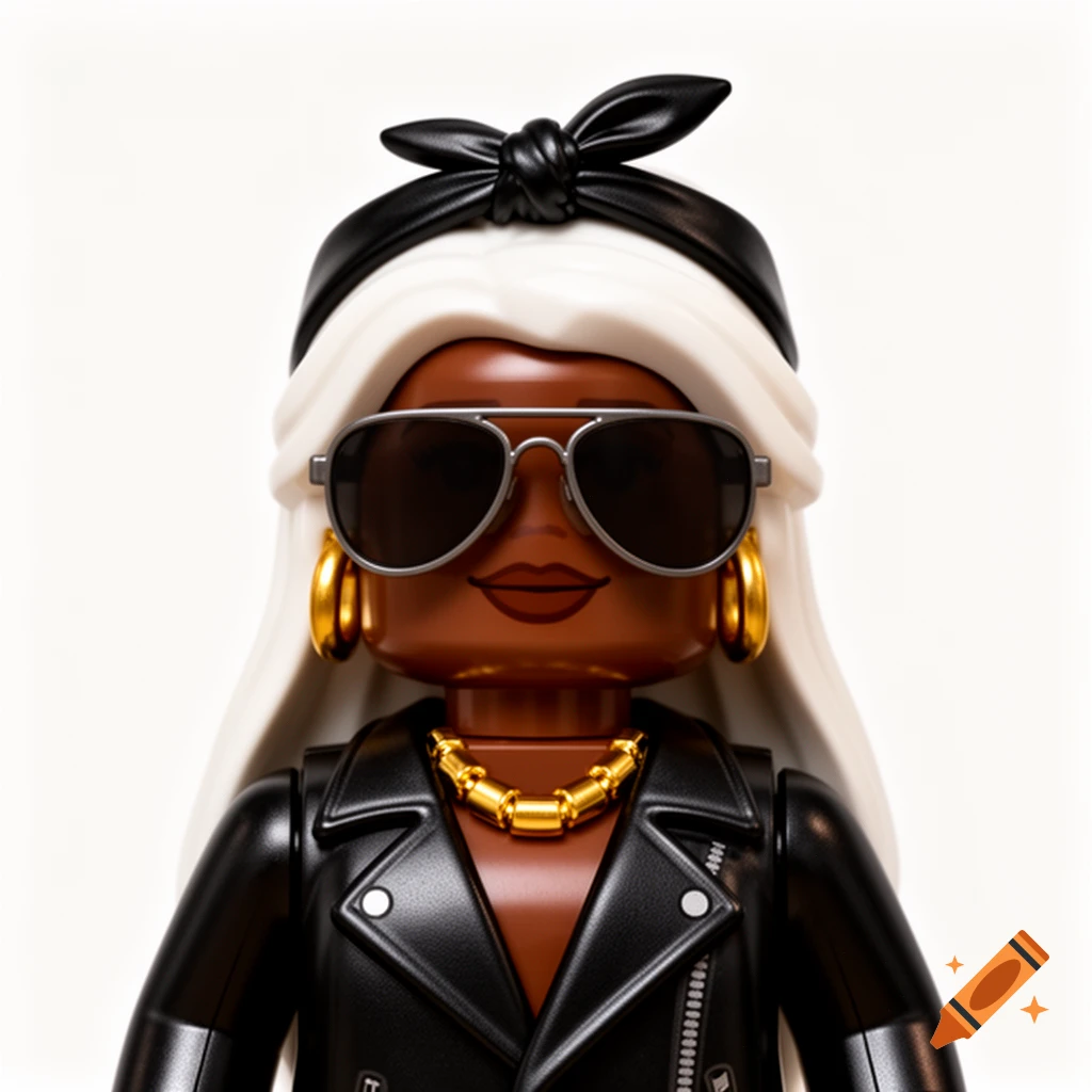 Close-up of a brown-skinned toy figure with white hair, black bandana, aviator shades, gold jewelry, and a leather jacket.