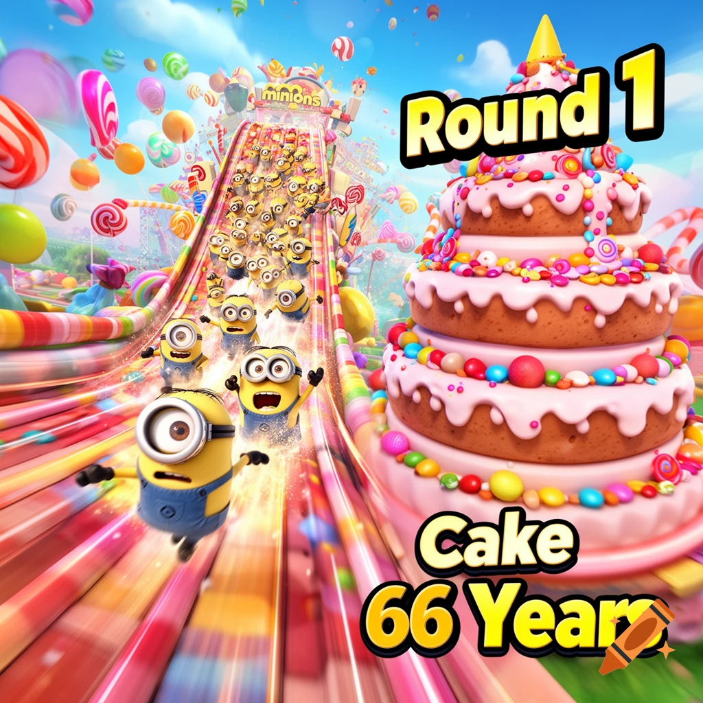 Many Minions slide down a vibrant, colorful candy-themed ramp next to a large tiered cake with text reading "Round 1 Cake 66 Years".