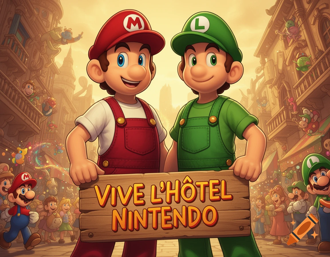 Cartoon depiction of Mario and Luigi holding a wooden sign that reads 'VIVE L'HÔTEL NINTENDO' on a vibrant street with other characters.