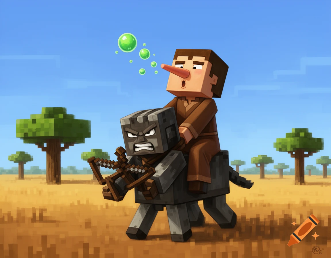 Minecraft Villager with a long nose rides an angry Pillager holding a crossbow through a savanna, burping green bubbles.
