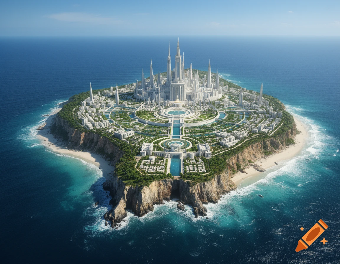 Aerial view of a grand, white, fantasy city with spires and circular layouts on a tropical island, surrounded by clear blue ocean.