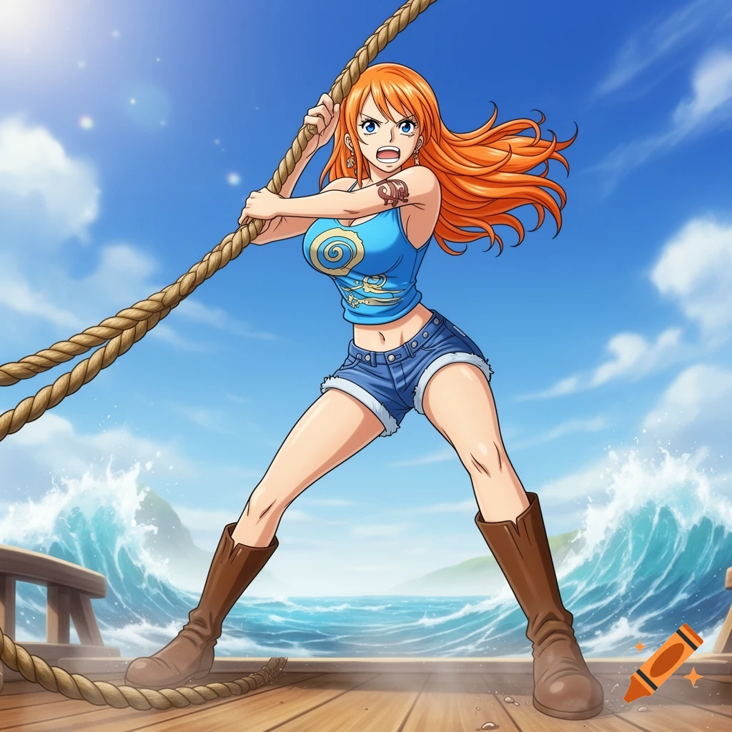 Anime character Nami from One Piece in a blue tank top and denim shorts, pulling a thick rope on a wooden deck with a stormy ocean backdrop.