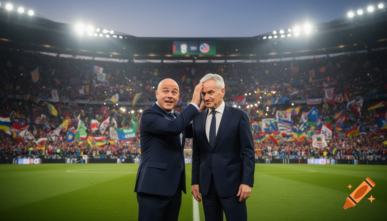 Two men in suits stand on a football pitch in a crowded stadium, one placing a hand on the other's head. Photorealistic.