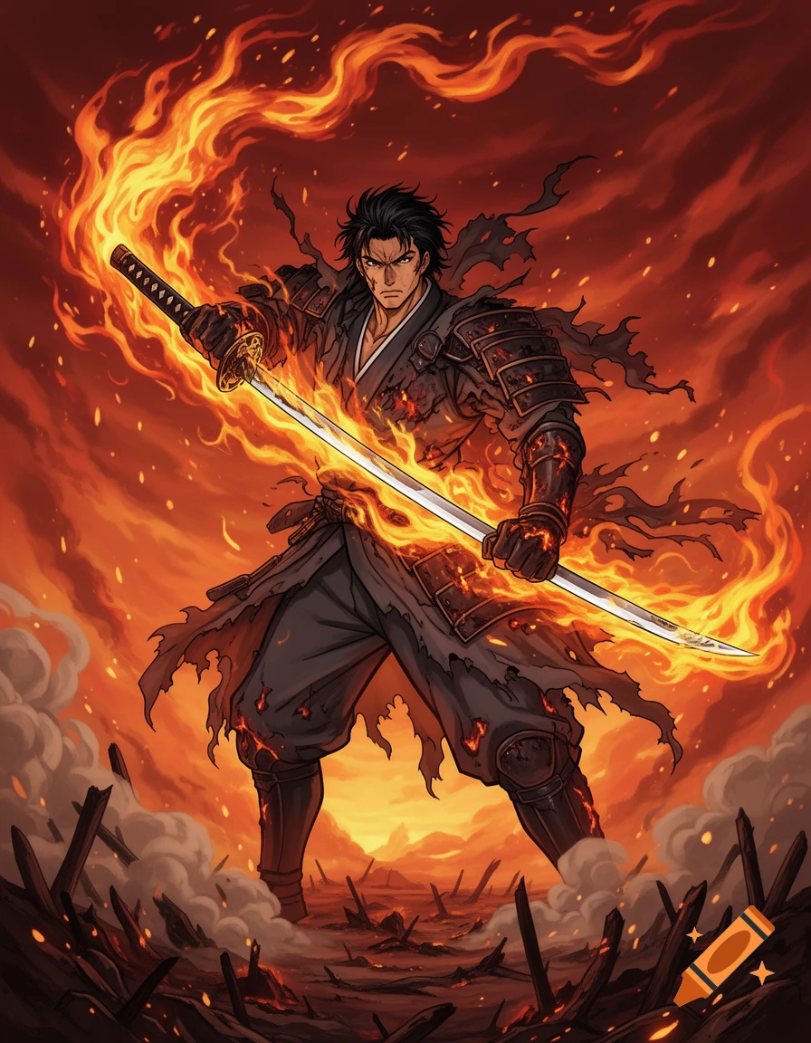 Anime-style warrior in dark armor holds a glowing katana, engulfed in intense flames amidst a burning landscape.