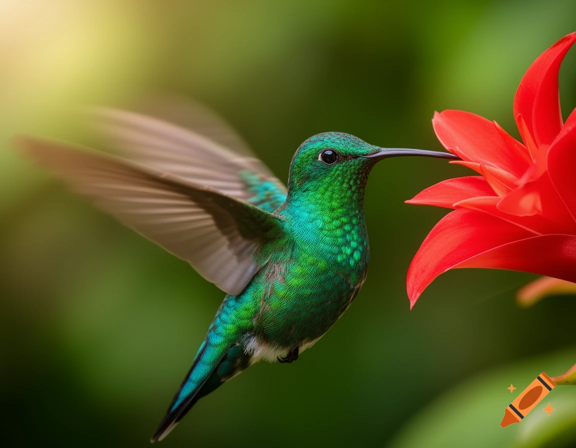 Emerald green hummingbird with iridescent feathers hovers by a vibrant red tropical flower, wings blurred, in a photorealistic close-up.