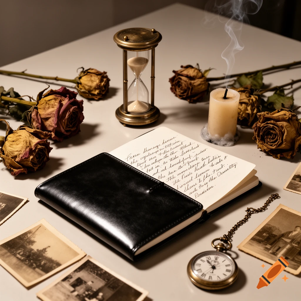 A melancholic still life with dried roses, an hourglass, a smoking candle, an open notebook with illegible handwriting, and old photos on a light table.