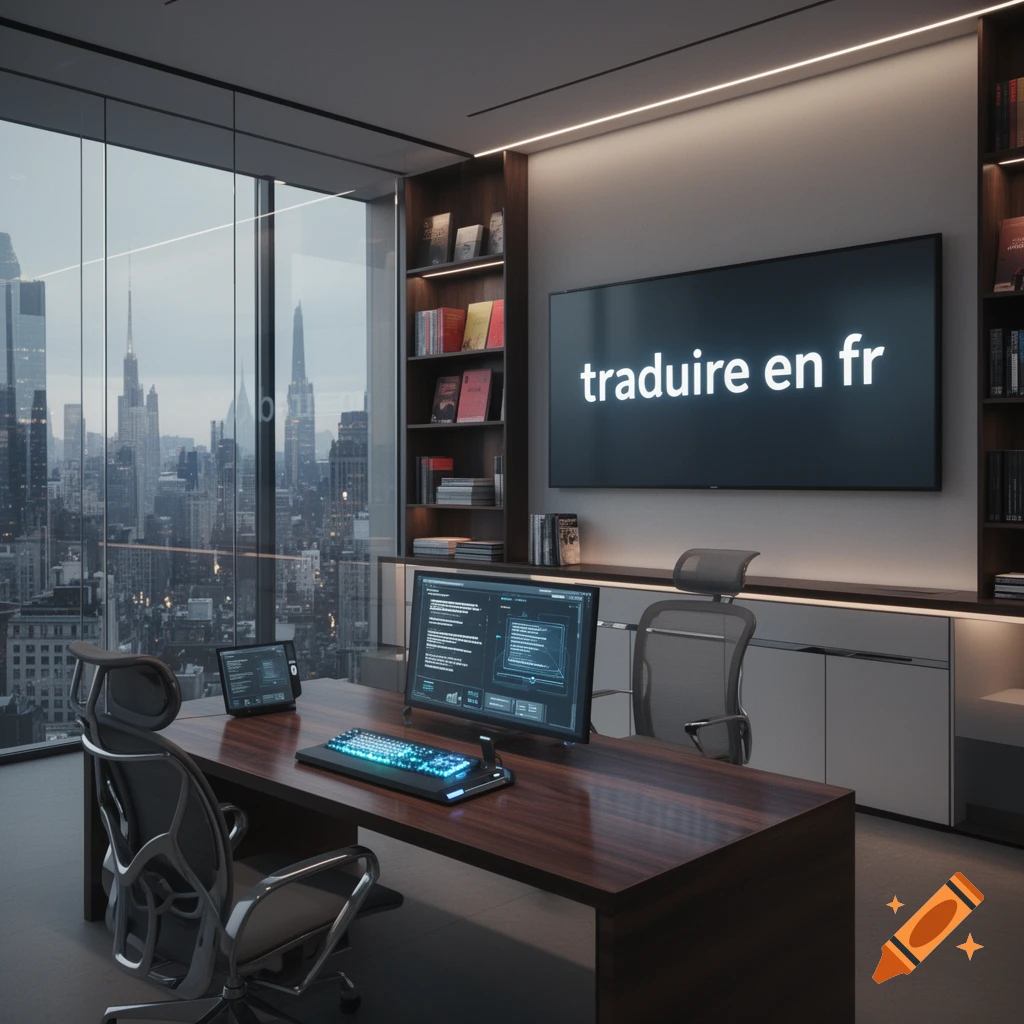 A modern office with a large window overlooking a city skyline at dusk. A desk with computer equipment. A TV displays "traduire en fr".